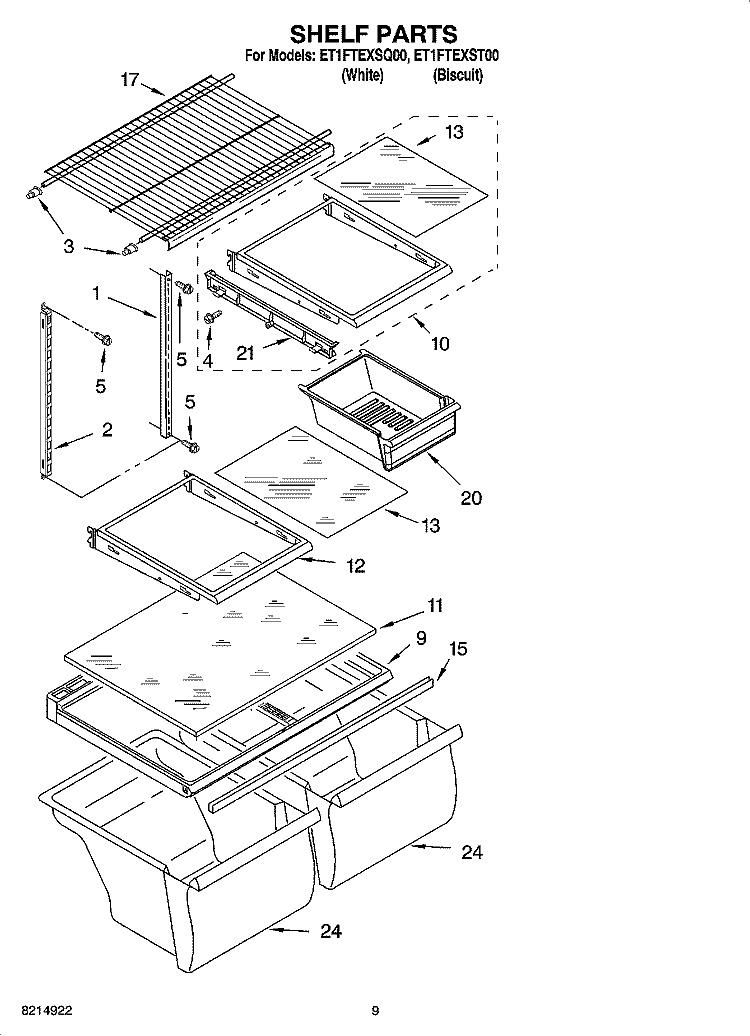 SHELF PARTS, OPTIONAL PARTS Diagram and Parts List for ET1FTEXSQ00  Whirlpool Refrigerator