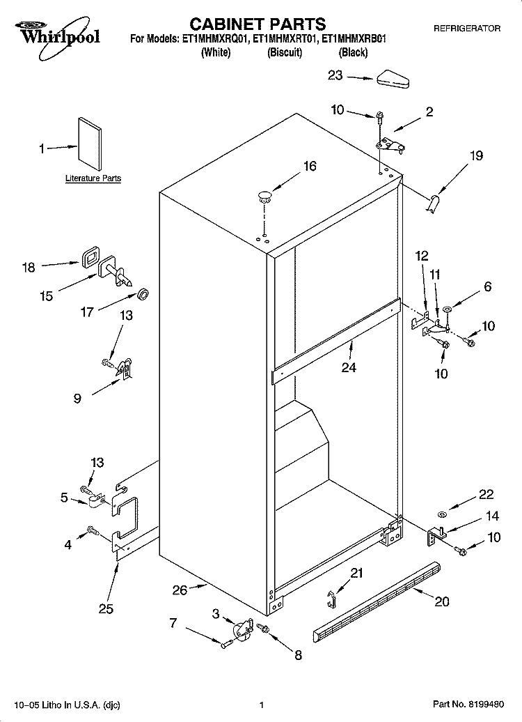 CABINET PARTS Diagram and Parts List for ET1MHMXRQ01  Whirlpool Refrigerator