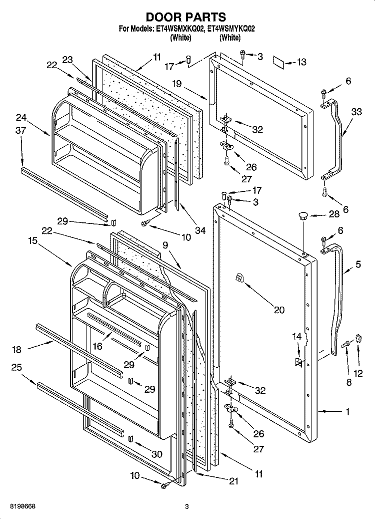 DOOR PARTS Diagram and Parts List for ET4WSMYKQ02  Whirlpool Refrigerator