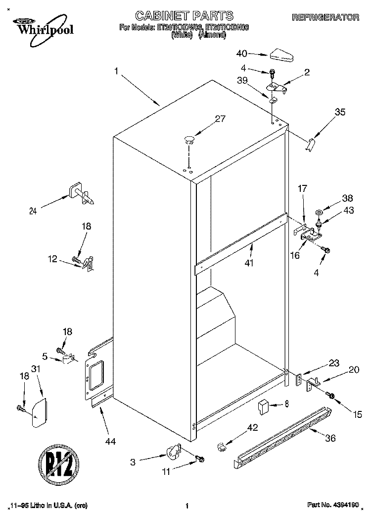 CABINET Diagram and Parts List for ET20TKXDW03  Whirlpool Refrigerator