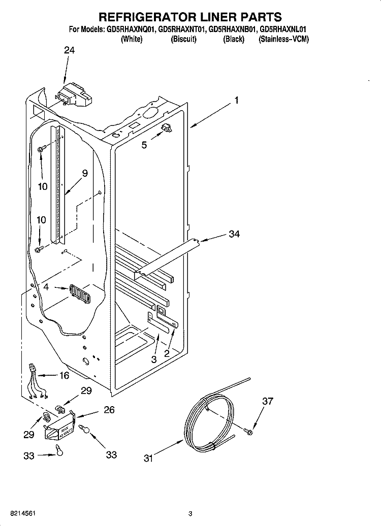 REFRIGERATOR LINER PARTS Diagram and Parts List for GD5RHAXNL01  Whirlpool Refrigerator