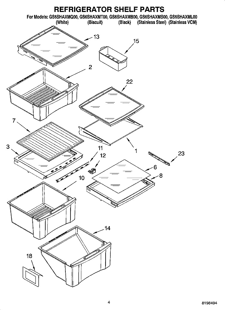 REFRIGERATOR SHELF PARTS Diagram and Parts List for GS6SHAXMB00  Whirlpool Refrigerator