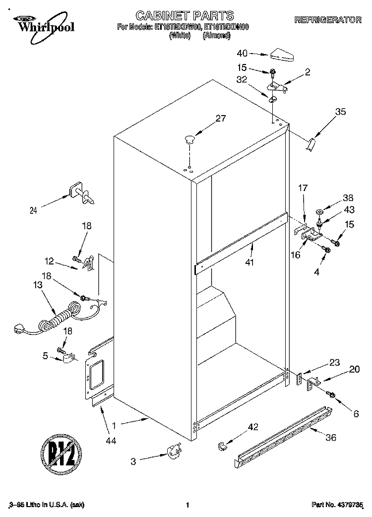 CABINET Diagram and Parts List for ET18TMXDW00  Whirlpool Refrigerator