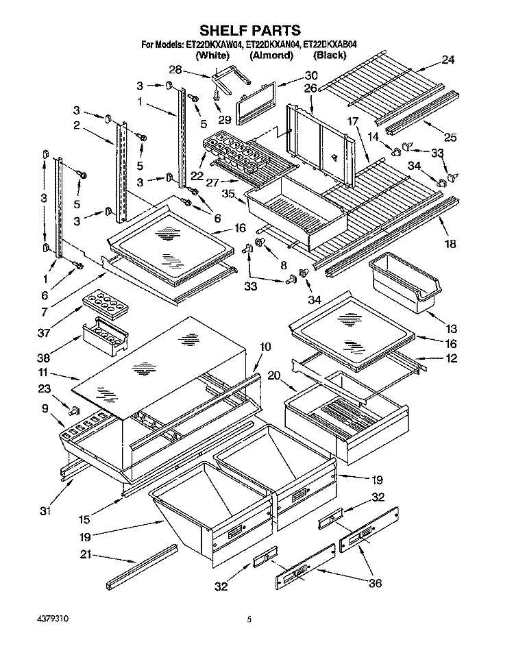 SHELF, LIT/OPTIONAL Diagram and Parts List for ET22DKXAB04  Whirlpool Refrigerator
