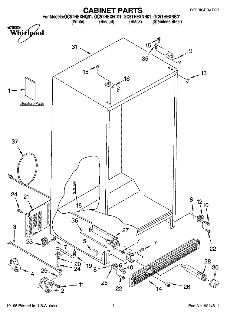 CABINET PARTS Diagram and Parts List for GC5THEXNB01  Whirlpool Refrigerator