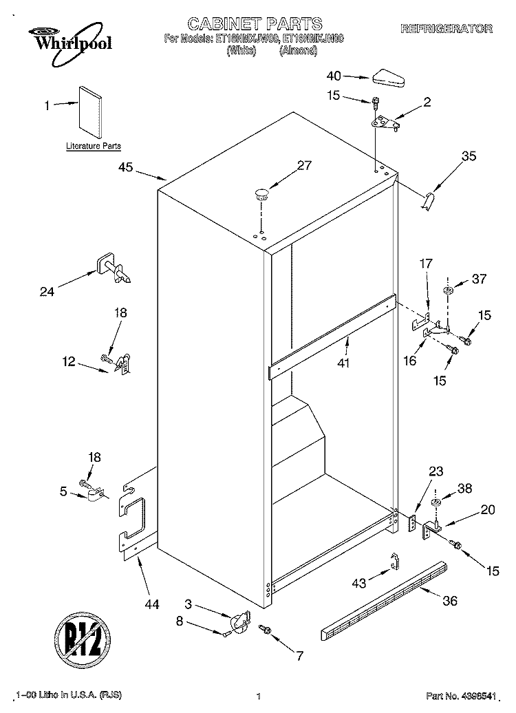 CABINET, LITERATURE Diagram and Parts List for ET18NMXJW00  Whirlpool Refrigerator