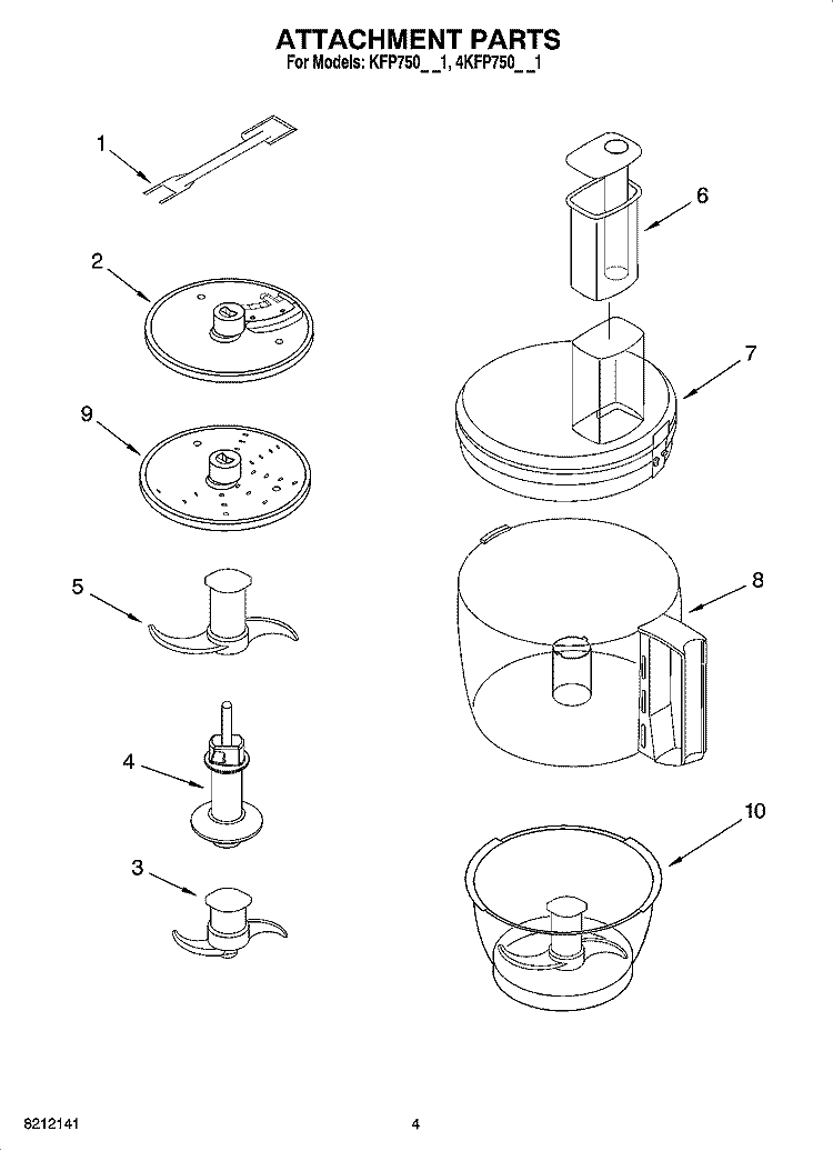 ATTACHMENT PARTS Diagram and Parts List for  KitchenAid Food Processor