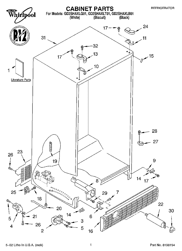 CABINET, LITERATURE Diagram and Parts List for GD25SHAXLT01  Whirlpool Refrigerator