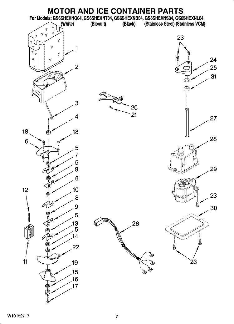 MOTOR AND ICE CONTAINER PARTS Diagram and Parts List for GS6SHEXNQ04  Whirlpool Refrigerator