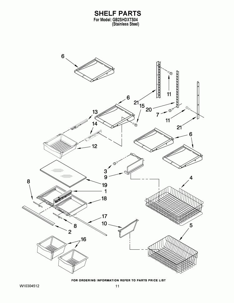 SHELF PARTS Diagram and Parts List for GB2SHDXTS04  Whirlpool Refrigerator