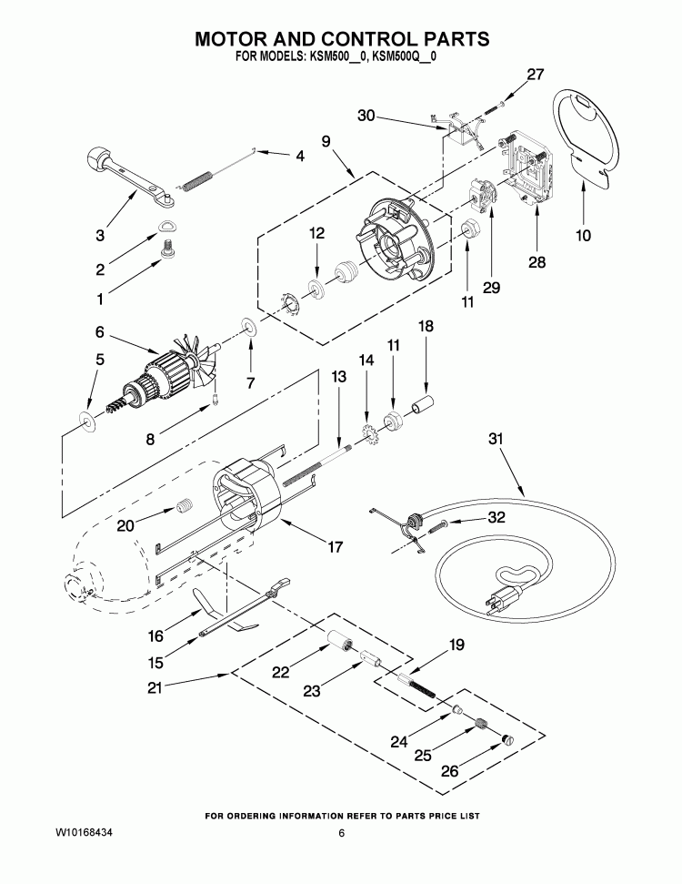 MOTOR AND CONTROL PARTS Diagram and Parts List for  KitchenAid Mixer