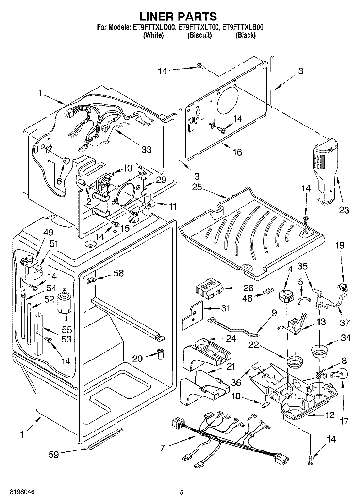 LINER Diagram and Parts List for ET9FTTXLQ00  Whirlpool Refrigerator