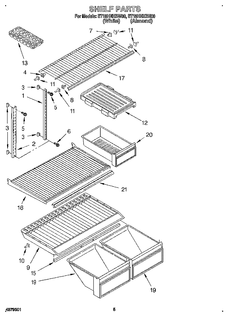 SHELF Diagram and Parts List for ET18HNXBN00  Whirlpool Refrigerator