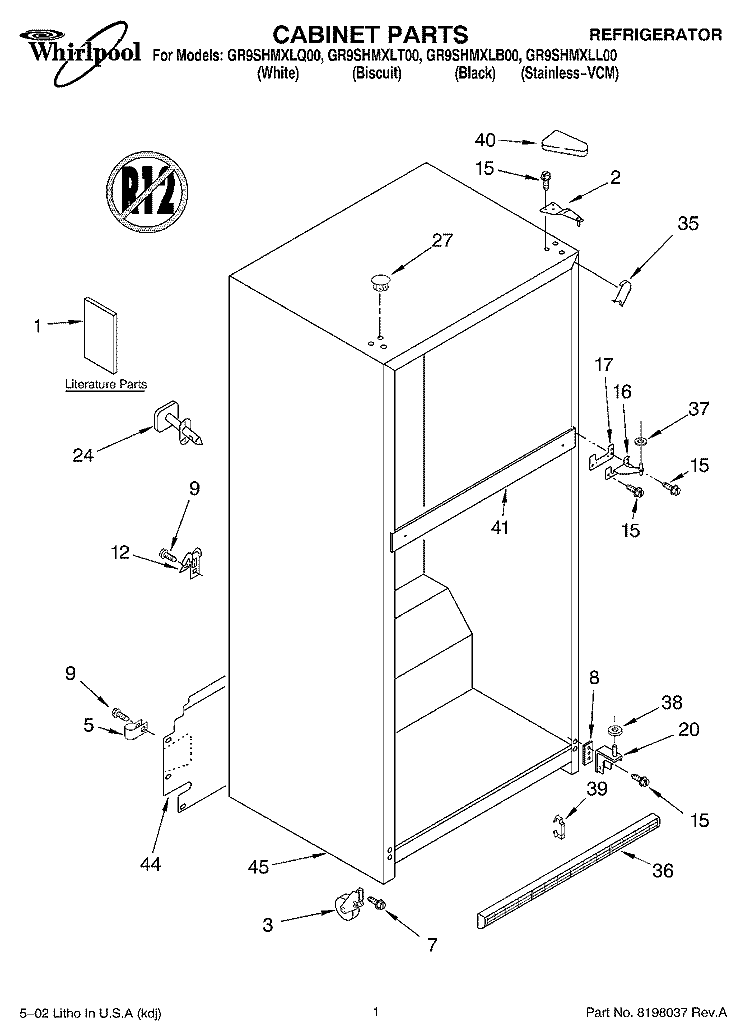 CABINET, LITERATURE Diagram and Parts List for GR9SHMXLT00  Whirlpool Refrigerator