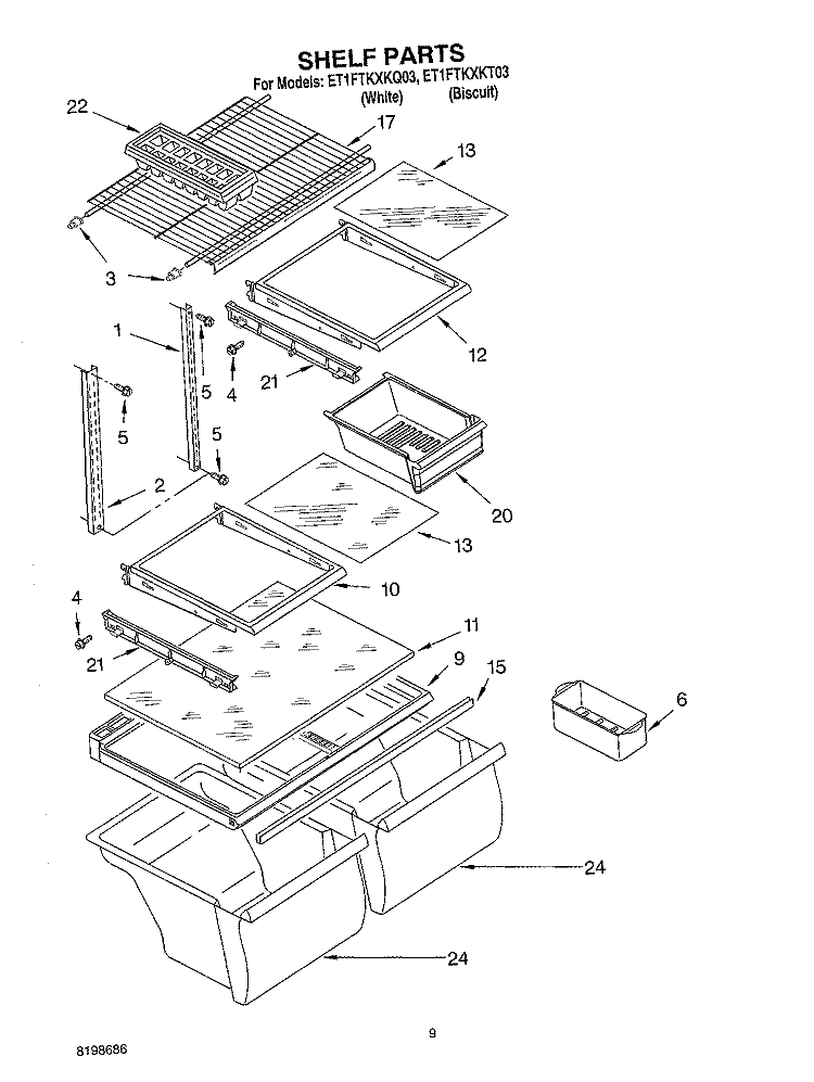 SHELF PARTS, OPTIONAL PARTS Diagram and Parts List for ET1FTKXKQ03  Whirlpool Refrigerator