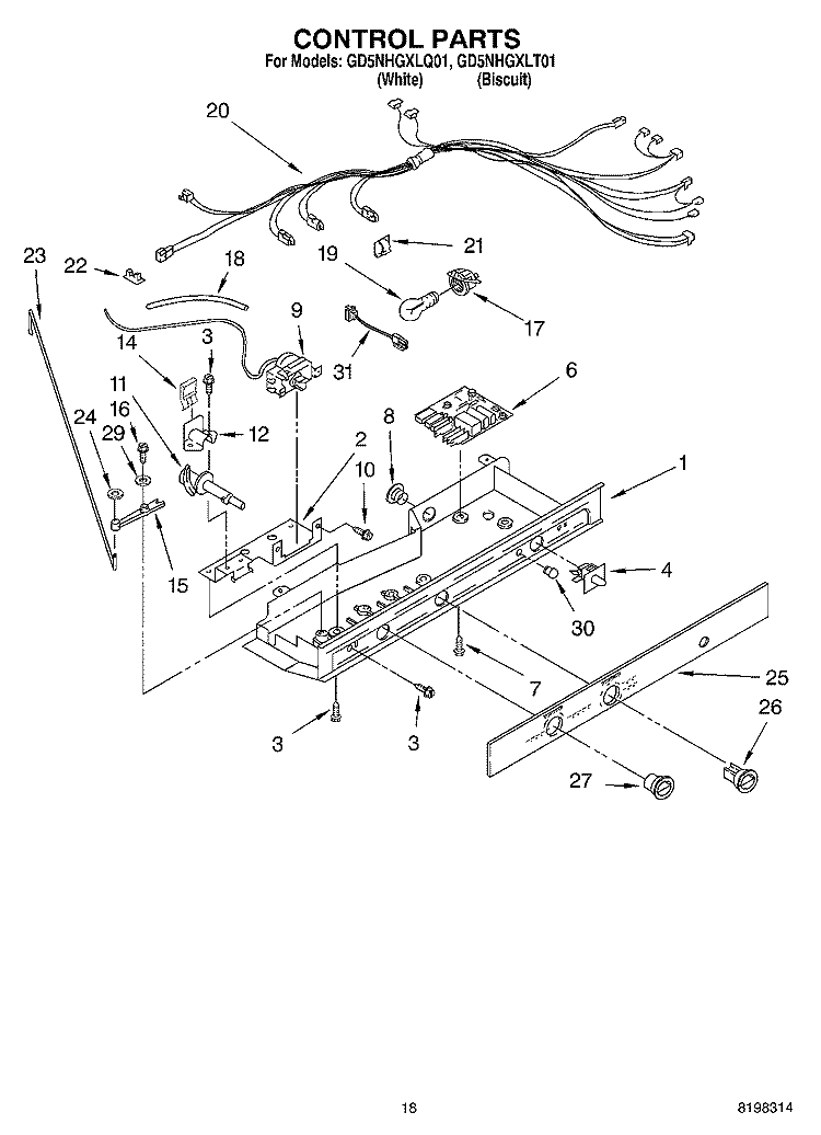 CONTROL Diagram and Parts List for GD5NHGXLT01  Whirlpool Refrigerator