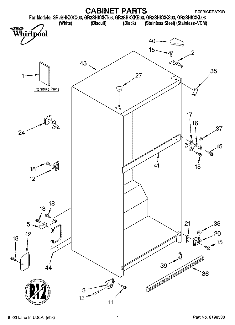 CABINET PARTS Diagram and Parts List for GR2SHKXKS03  Whirlpool Refrigerator