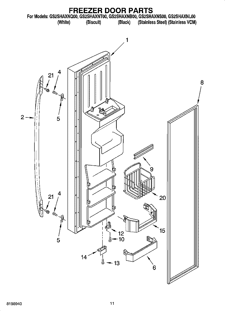 FREEZER DOOR PARTS Diagram and Parts List for GS2SHAXNL00  Whirlpool Refrigerator