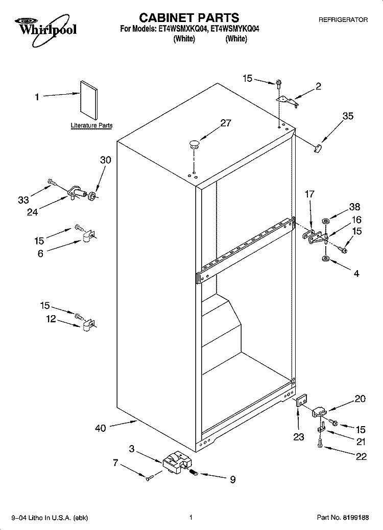 CABINET PARTS Diagram and Parts List for ET4WSMYKQ04  Whirlpool Refrigerator