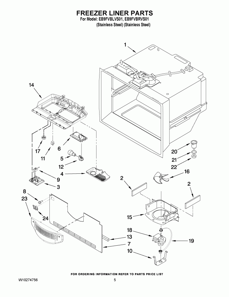 FREEZER LINER PARTS Diagram and Parts List for  Whirlpool Refrigerator