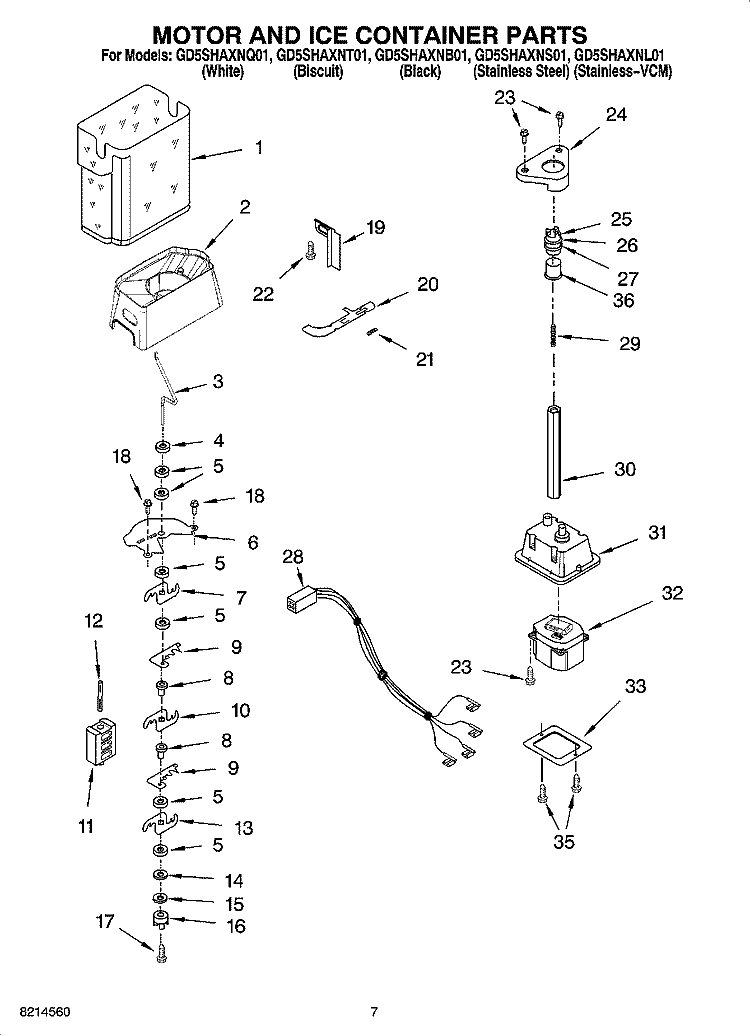 MOTOR AND ICE CONTAINER PARTS Diagram and Parts List for GD5SHAXNT01  Whirlpool Refrigerator