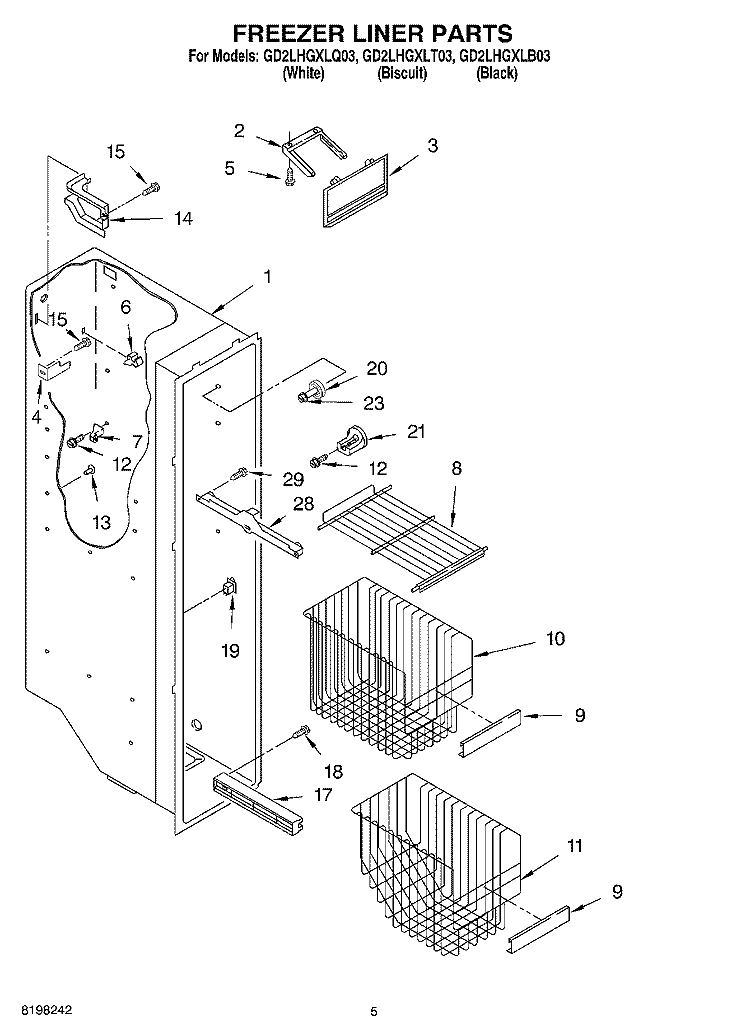 FREEZER LINER Diagram and Parts List for GD2LHGXLT03  Whirlpool Refrigerator