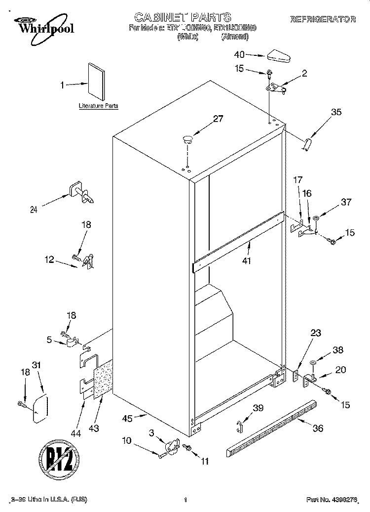 CABINET, LITERATURE Diagram and Parts List for ET21LKXHW00  Whirlpool Refrigerator
