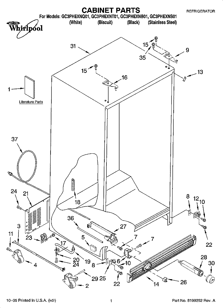 CABINET PARTS Diagram and Parts List for GC3PHEXNB01  Whirlpool Refrigerator