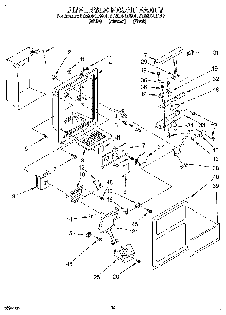 DISPENSER FRONT Diagram and Parts List for ET22DQLDB01  Whirlpool Refrigerator