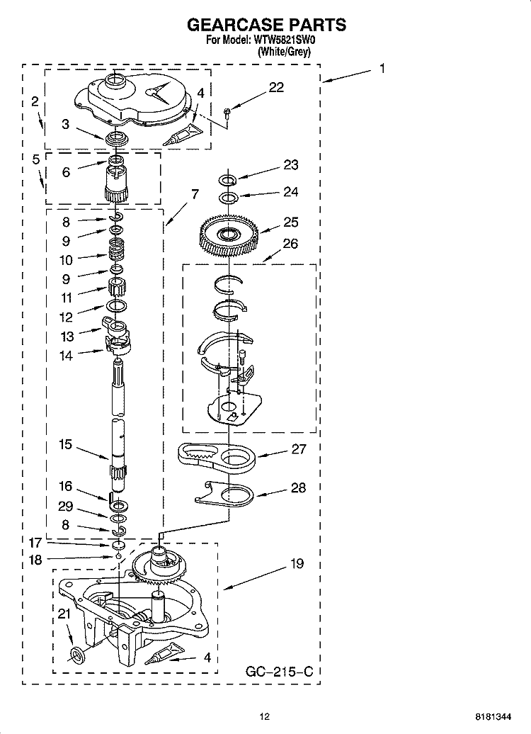 GEARCASE PARTS, OPTIONAL PARTS (NOT INCLUDED) Diagram and Parts List for  Whirlpool Washer