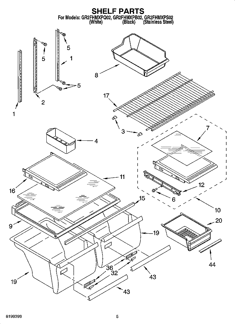 SHELF PARTS Diagram and Parts List for GR2FHMXPB02  Whirlpool Refrigerator