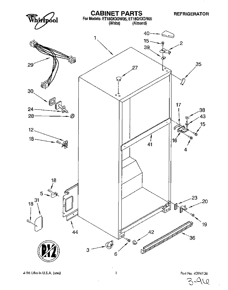 CABINET Diagram and Parts List for ET18GKXDW05  Whirlpool Refrigerator