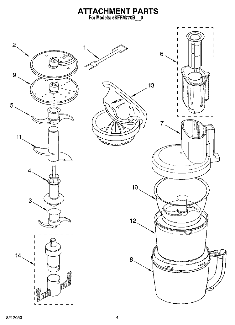 ATTACHMENT PARTS Diagram and Parts List for  KitchenAid Food Processor