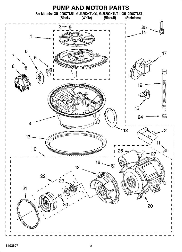 PUMP AND MOTOR PARTS Diagram and Parts List for  Whirlpool Dishwasher