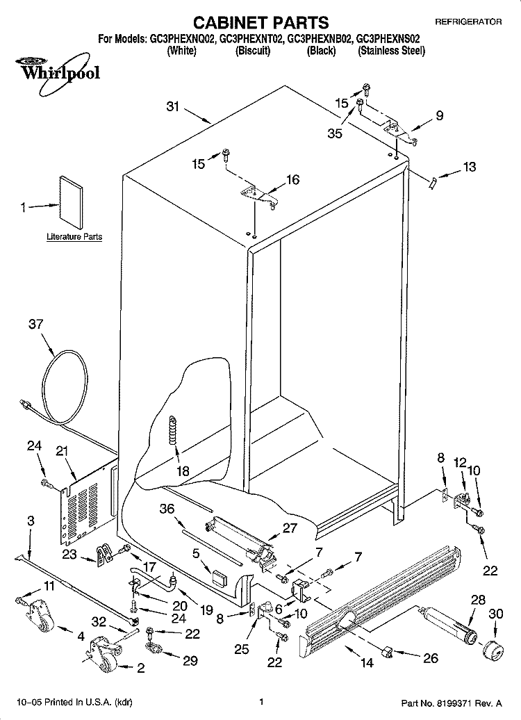 CABINET PARTS Diagram and Parts List for GC3PHEXNB02  Whirlpool Refrigerator
