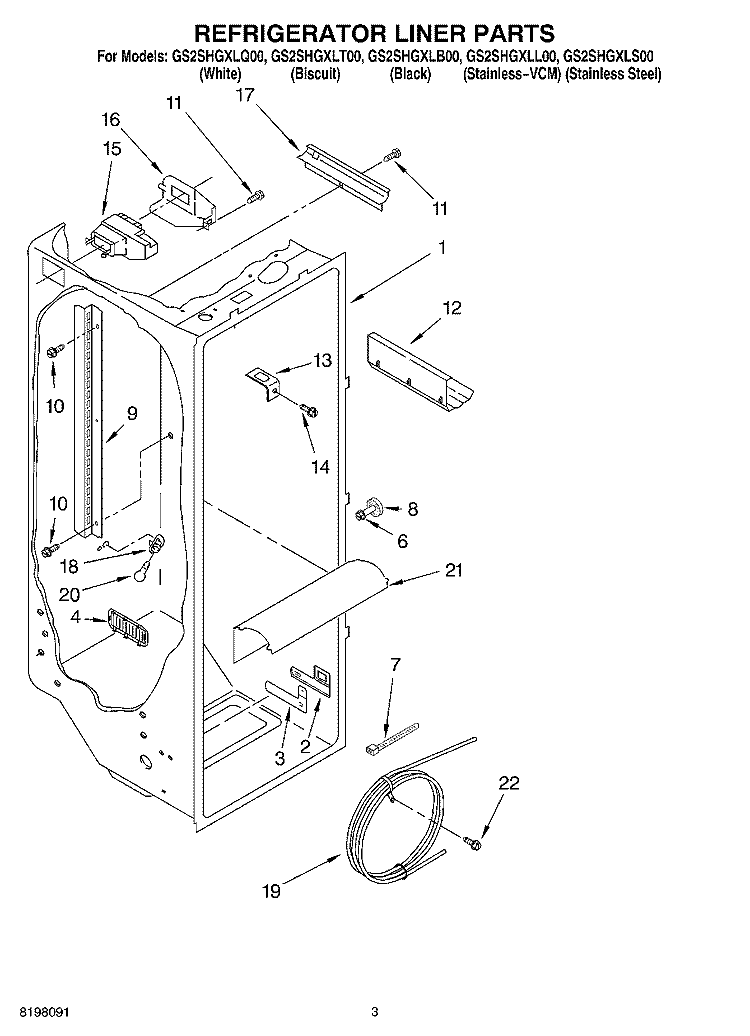 REFRIGERATOR LINER Diagram and Parts List for GS2SHGXLS00  Whirlpool Refrigerator