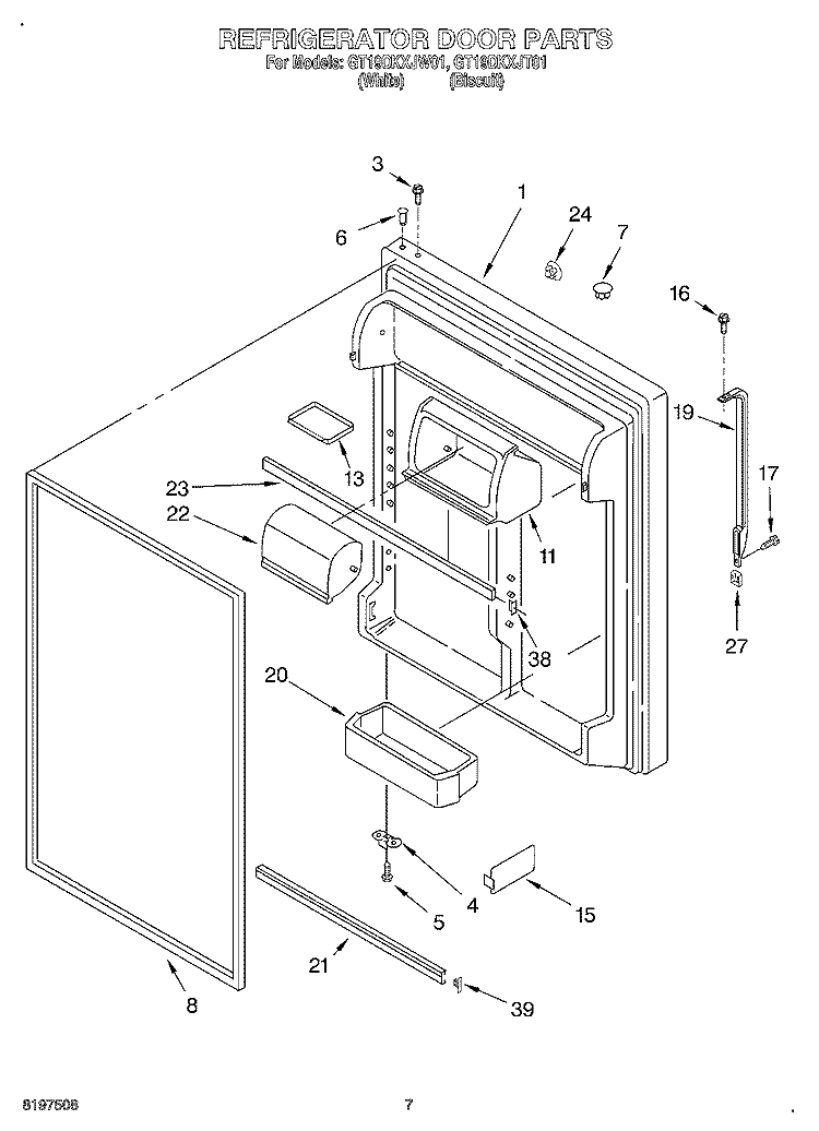 REFRIGERATOR DOOR Diagram and Parts List for GT19DKXJW01  Whirlpool Refrigerator