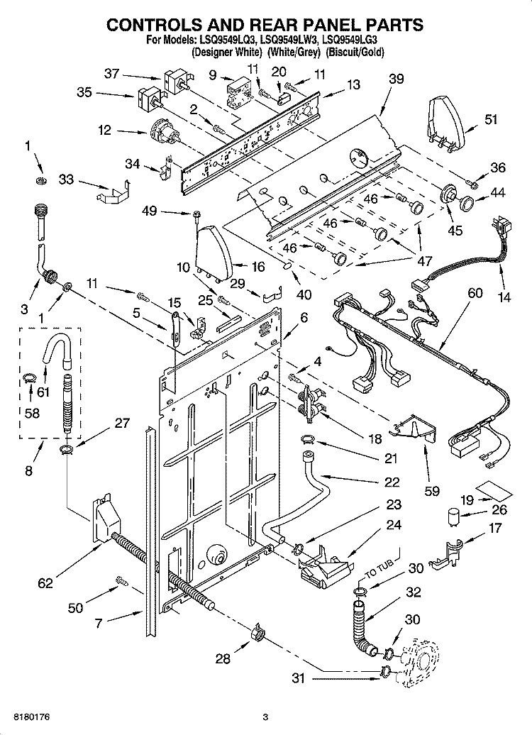 CONTROLS AND REAR PANEL PARTS Diagram and Parts List for  Whirlpool Washer