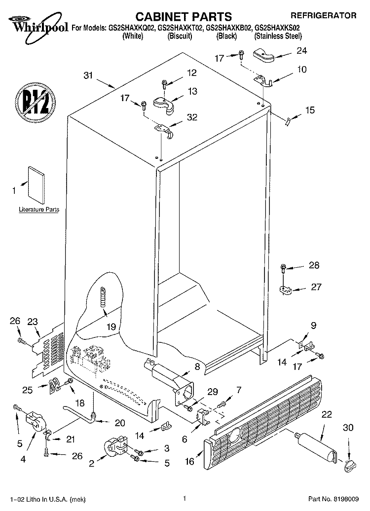 CABINET PARTS Diagram and Parts List for GS2SHAXKS02  Whirlpool Refrigerator