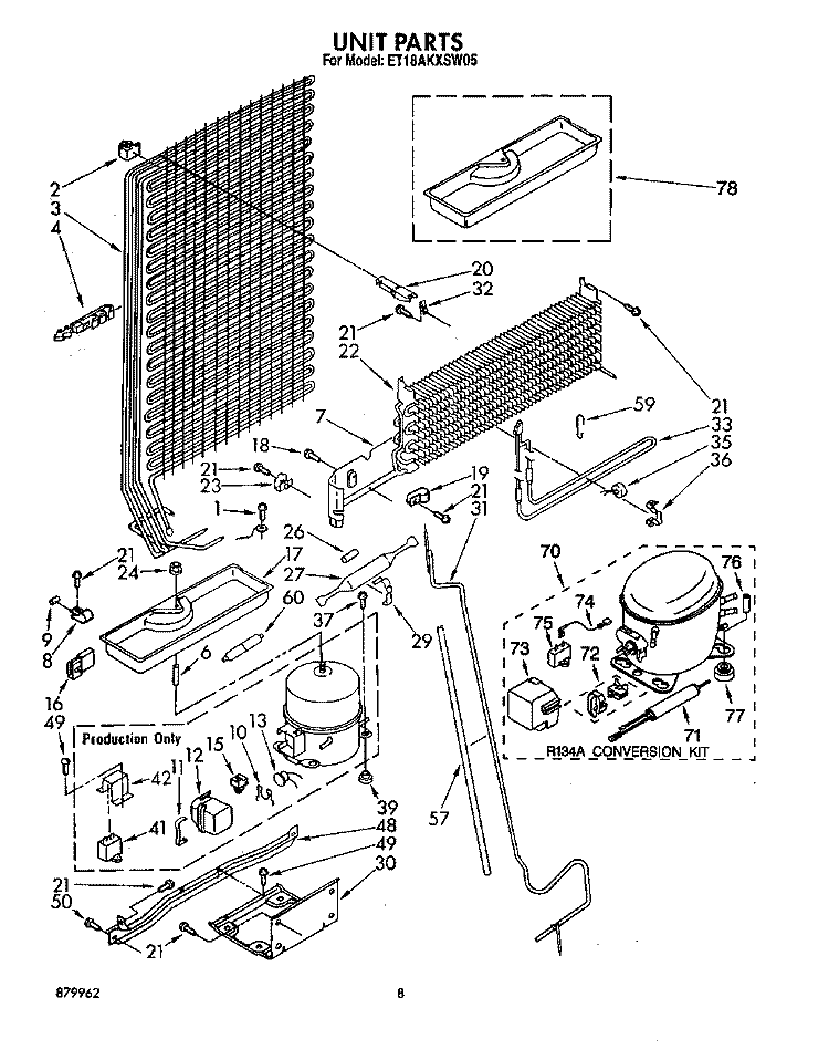UNIT Diagram and Parts List for ET18AKXSW05  Whirlpool Refrigerator