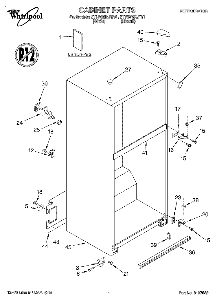 CABINET, LITERATURE Diagram and Parts List for ET18MMXJW01  Whirlpool Refrigerator