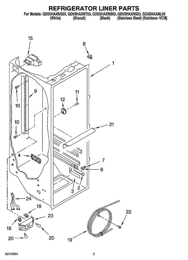 REFRIGERATOR LINER PARTS Diagram and Parts List for GD5SHAXNL03  Whirlpool Refrigerator