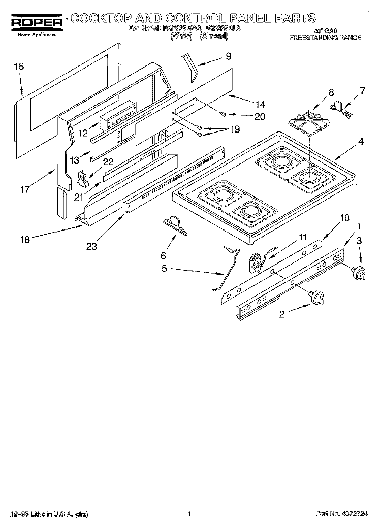 COOKTOP AND CONTROL PANEL, LITERATURE Diagram and Parts List for  Roper Range