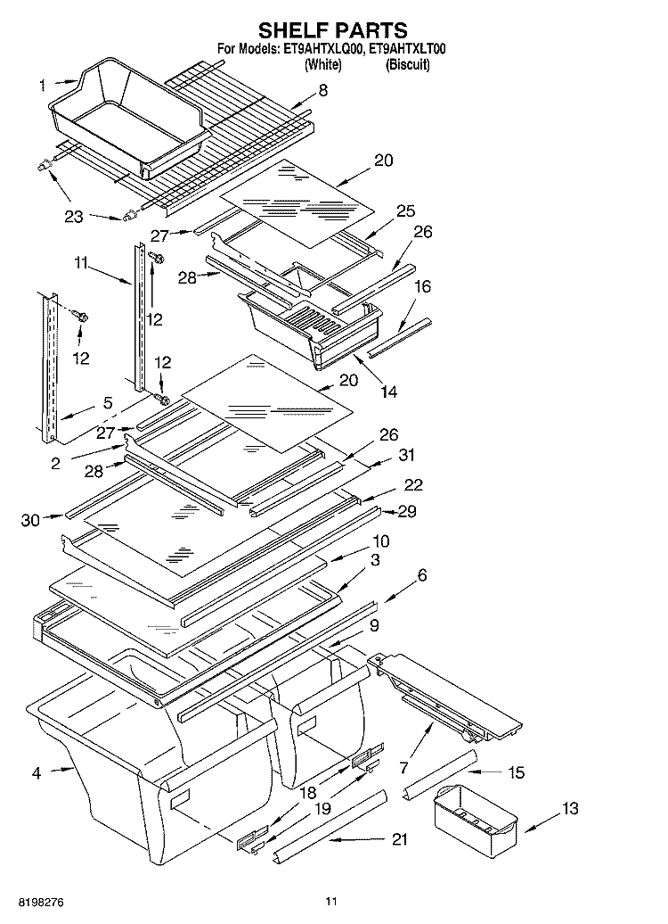 SHELF Diagram and Parts List for ET9AHTXLQ00  Whirlpool Refrigerator