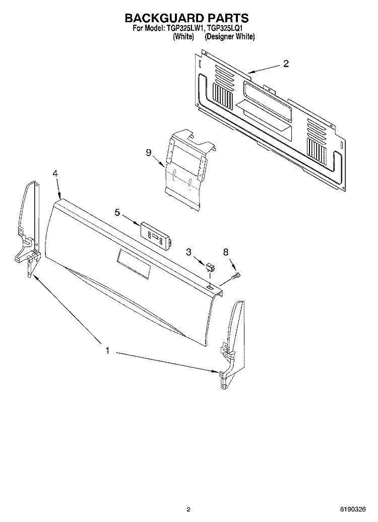BACKGUARD PARTS Diagram and Parts List for TGP325LW1  Estate Range
