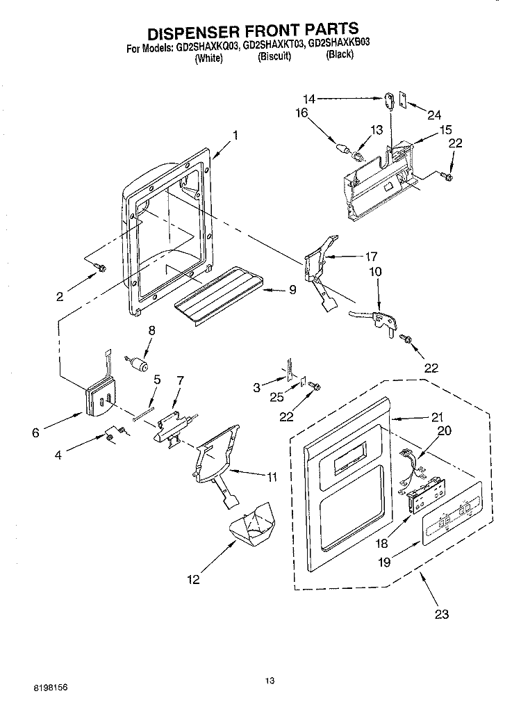 DISPENSER FRONT Diagram and Parts List for GD2SHAXKT03  Whirlpool Refrigerator