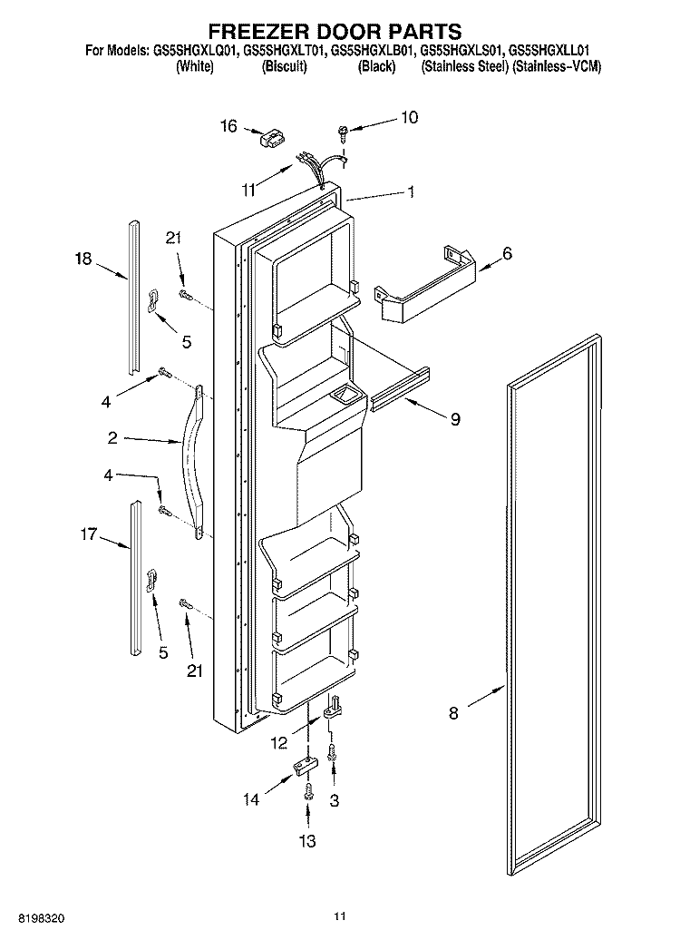 FREEZER DOOR PARTS Diagram and Parts List for GS5SHGXLT01  Whirlpool Refrigerator
