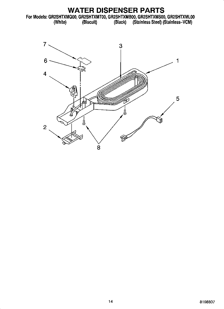 WATER DISPENSER PARTS, OPTIONAL PARTS Diagram and Parts List for GR2SHTXMB00  Whirlpool Refrigerator