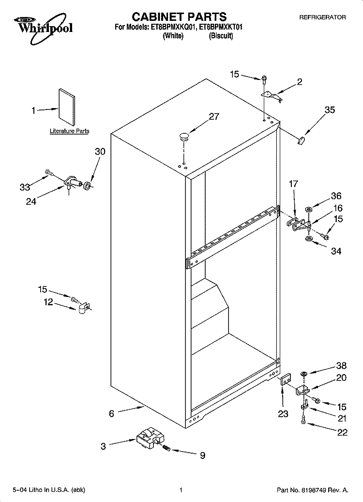 CABINET PARTS Diagram and Parts List for ET8BPMXKT01  Whirlpool Refrigerator