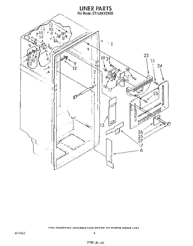 LINER Diagram and Parts List for ET18AKXSW05  Whirlpool Refrigerator